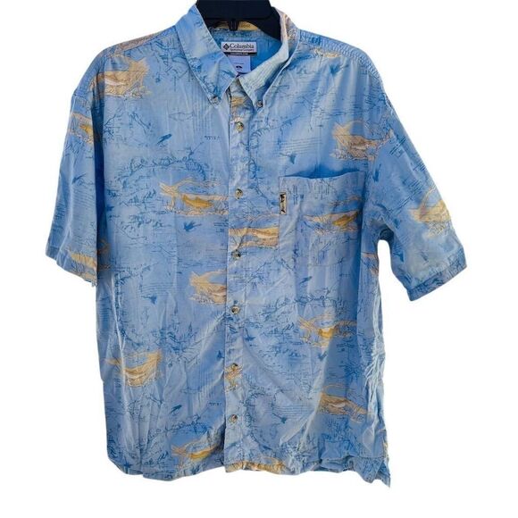 Columbia River Lodge Men's L Blue Graphic Print Short Sleeve Button-Up Shirt - Picture 1 of 5